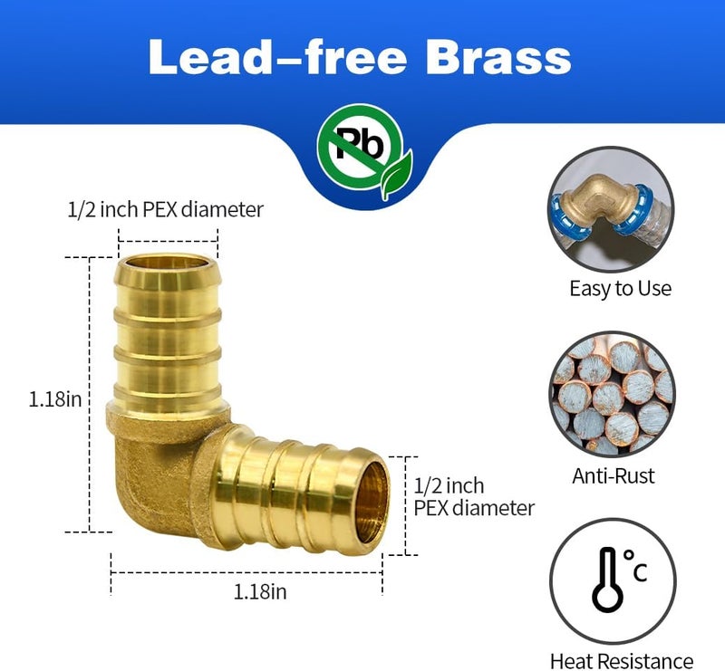 Ruby Q 45pcs 1/2" PEX Fittings, Elbow TEE Straight Couplings Set, PEX Brass Crimp Fitting Combo with Tees, Elbows, Straights - Image 2